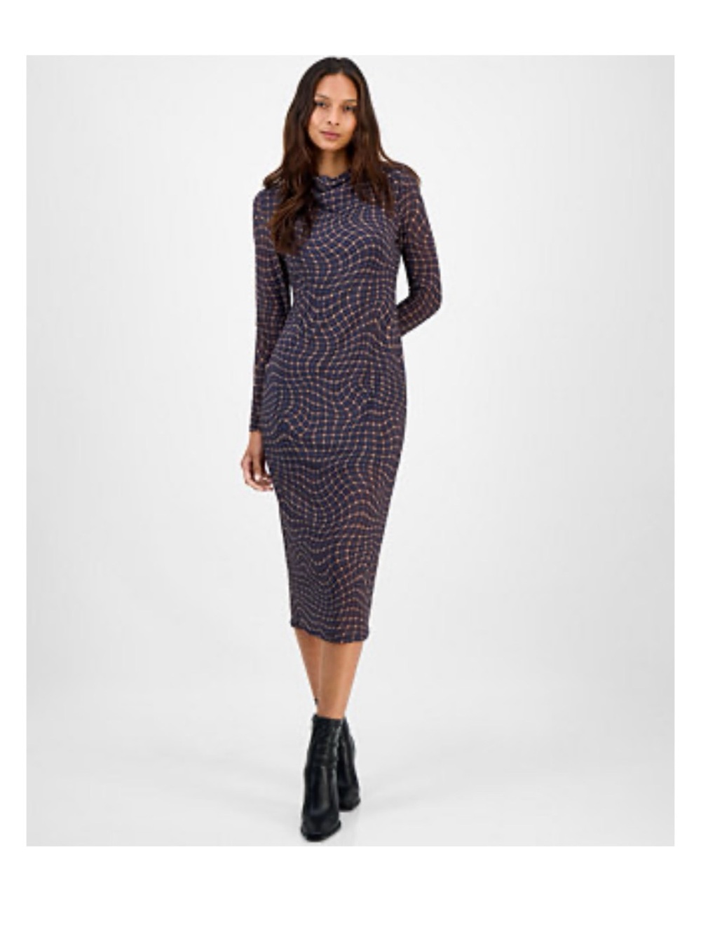 NWT Women’s Long Sleeve Mock Neck Swirled Plaid Patterned Midi Dress, Size M